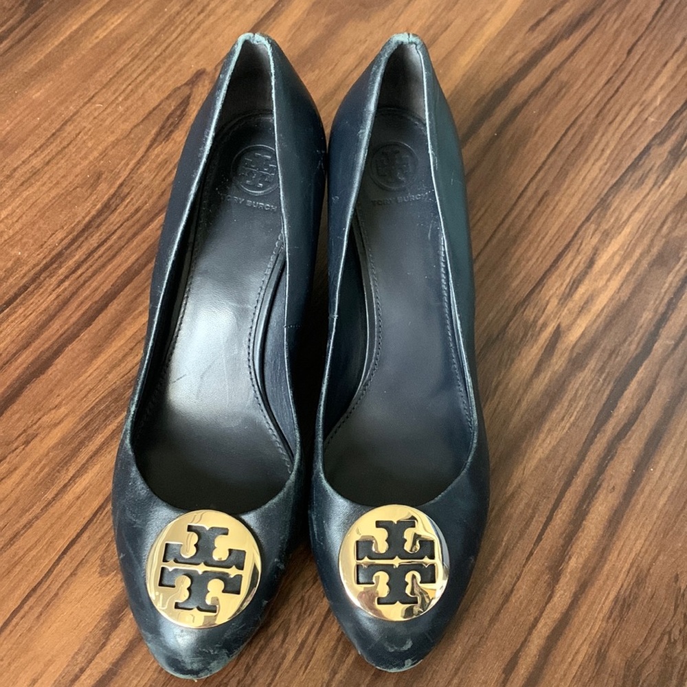 Tory Burch Chelsea Logo Navy Blue Leather Wedge
